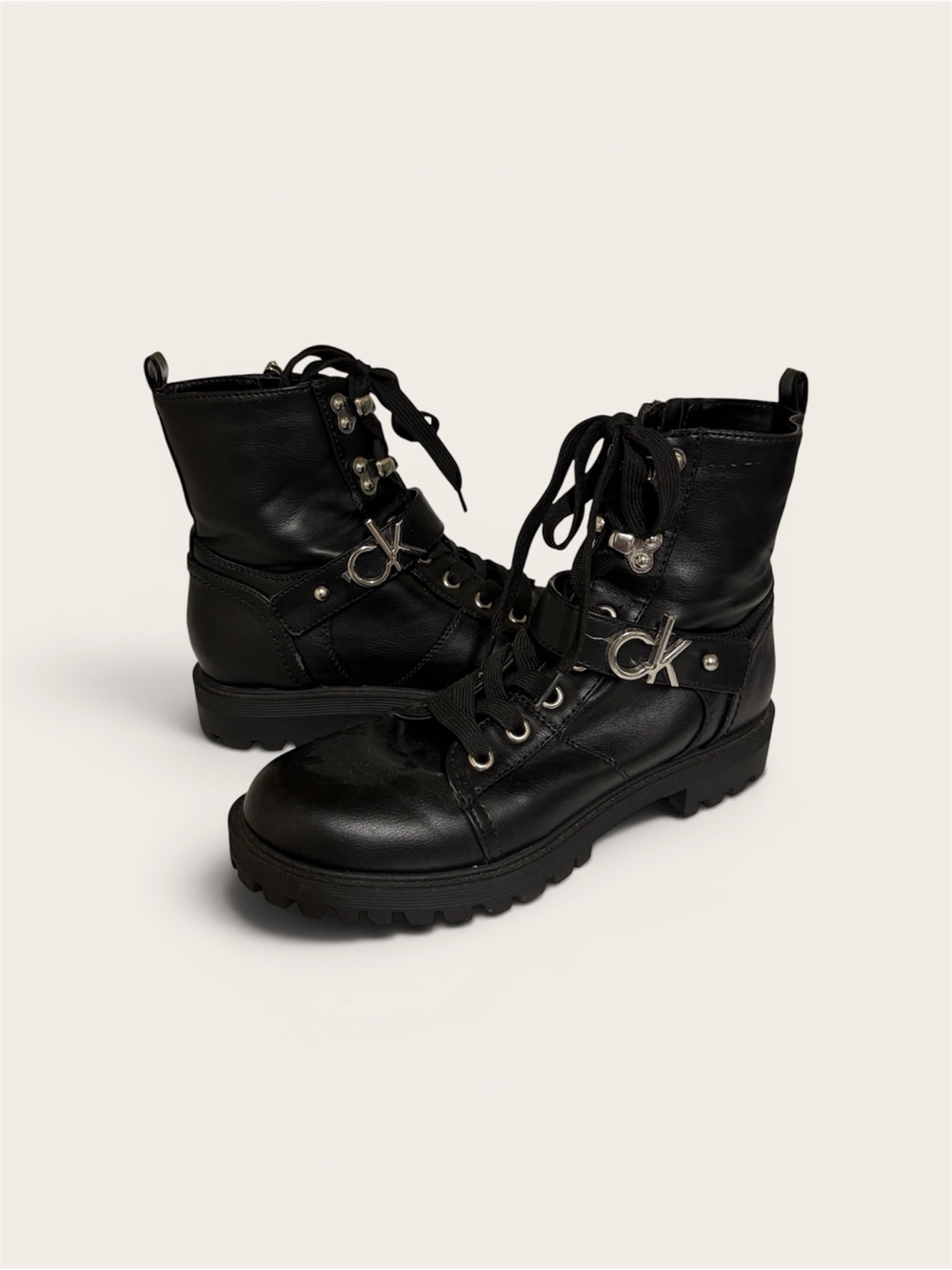 Calvin Klein Black Leather Lace-Up Combat Boots with CK Logo